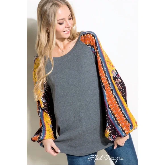 ❤️LAST 1! Boho Floral Mix Puff Sleeve Ribbed Knit Super Soft Top! - Picture 6 of 7